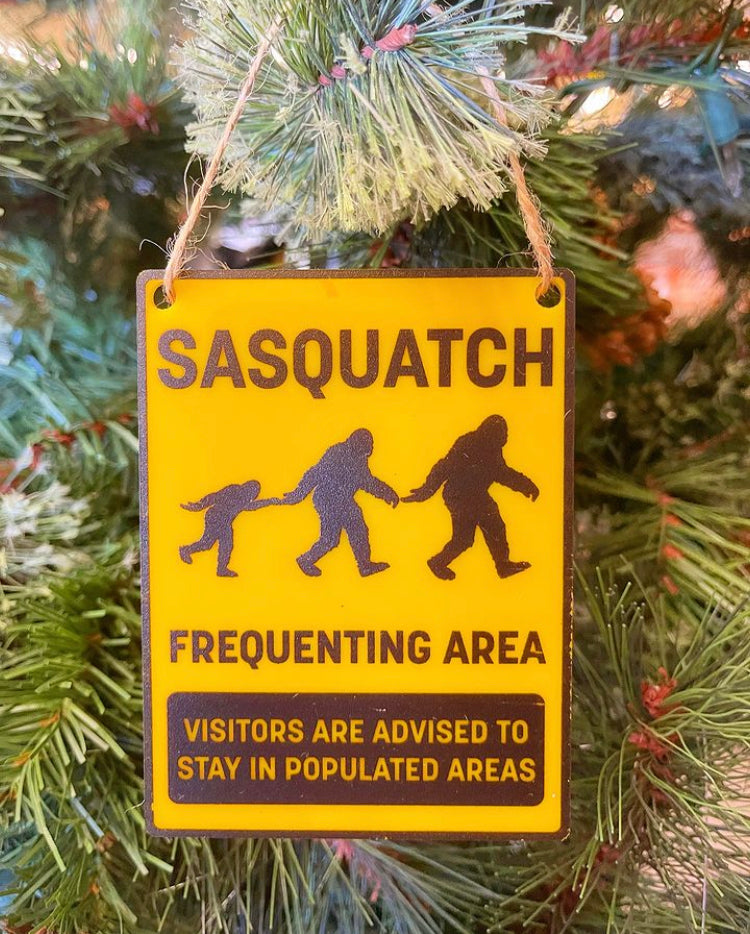 Sasquatch Frequenting Area Sign Ornament, Magnet or Lapel Pin
