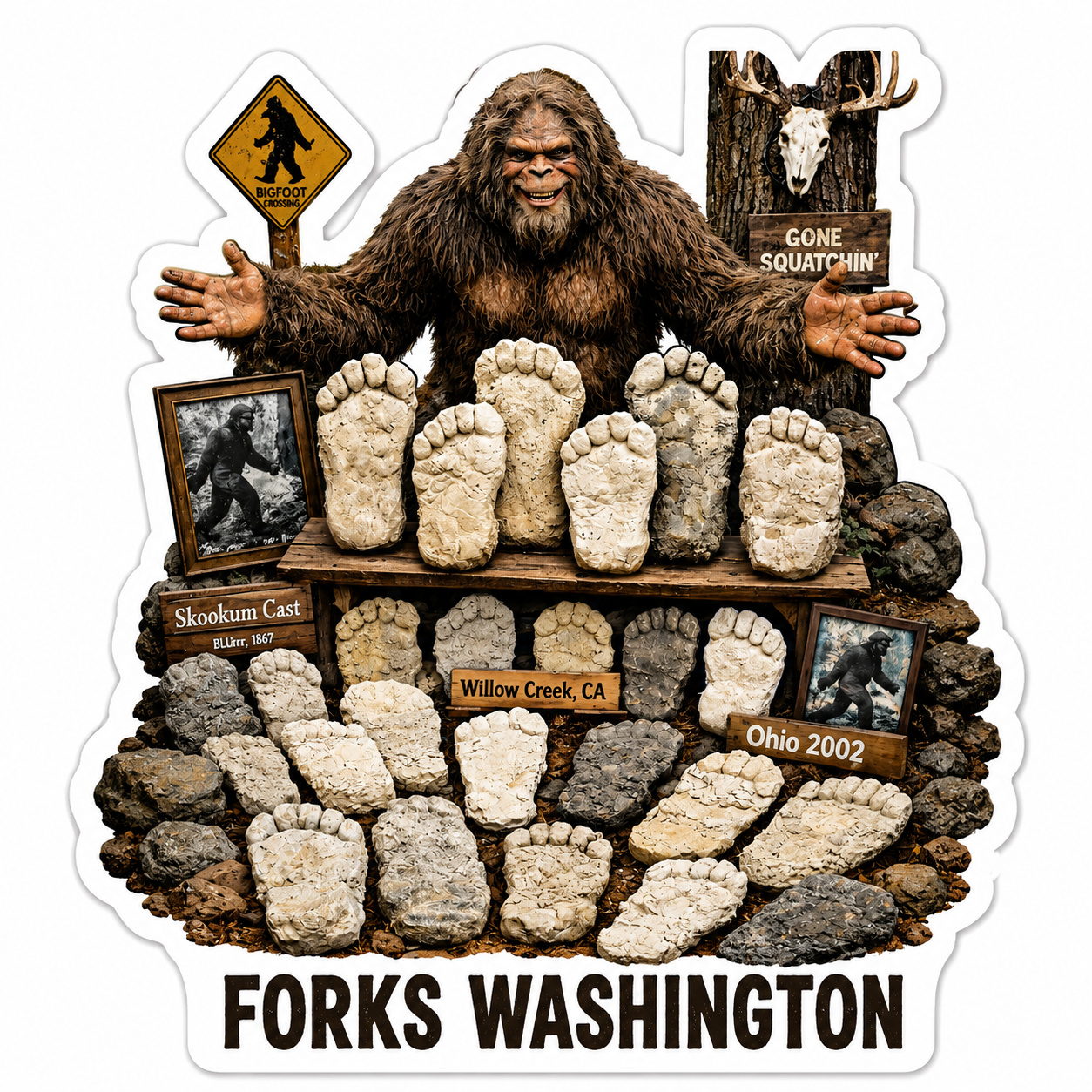 Sasquatch with Footprint Casts Sticker