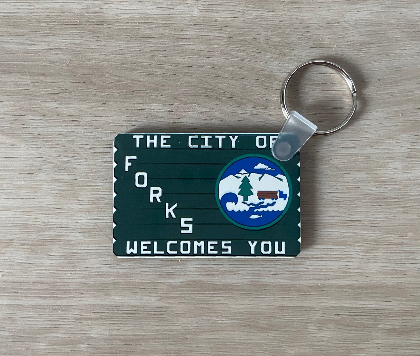 The City of Forks Welcomes You Keychain