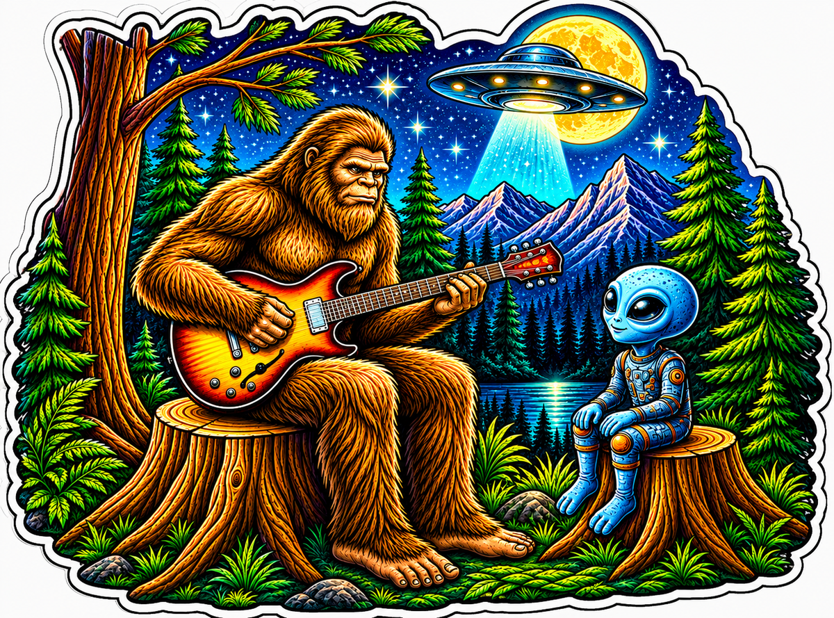 Sasquatch Playing Guitar with Alien Sticker