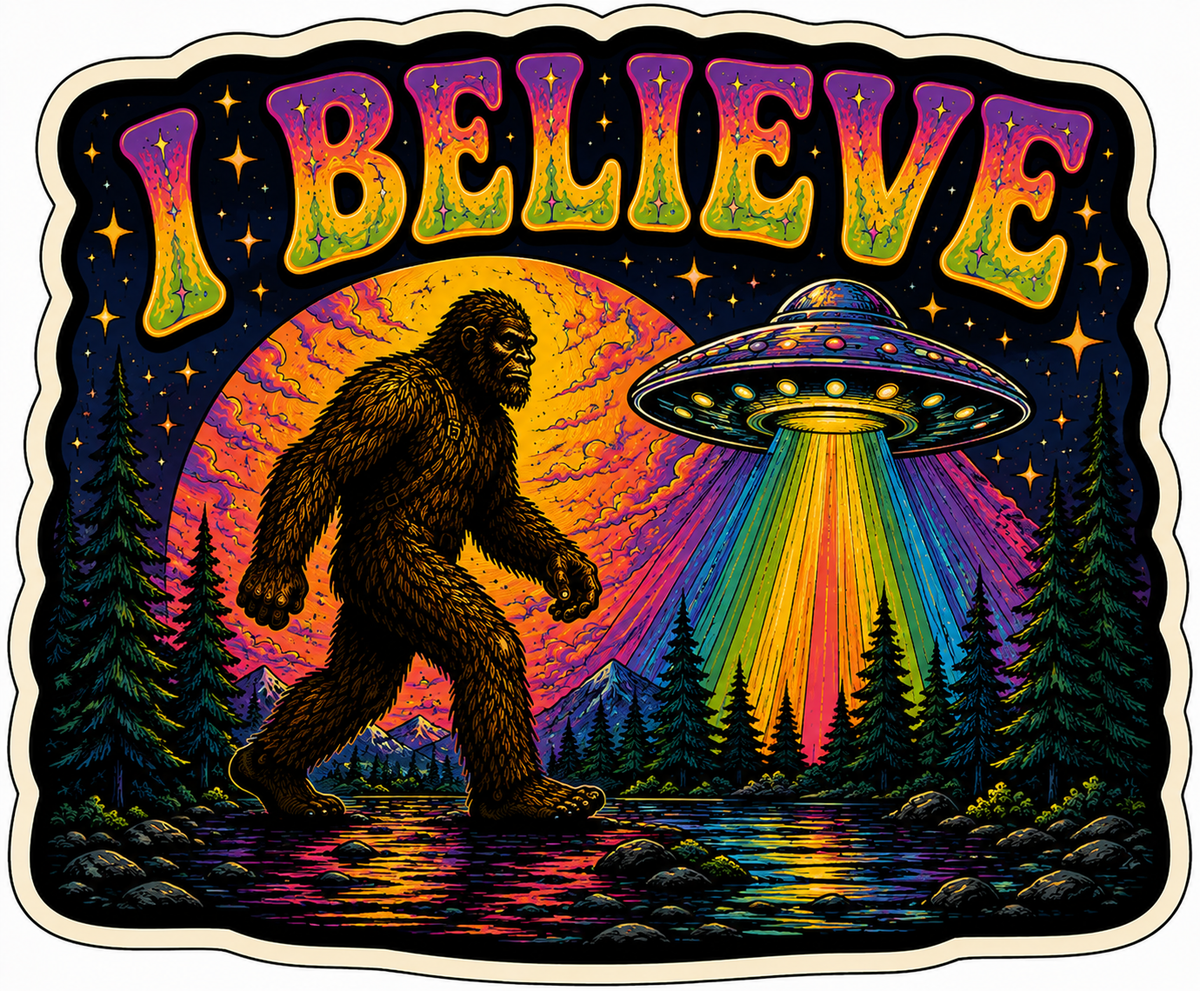 I Believe Rainbow Sasquatch with UFO Sticker