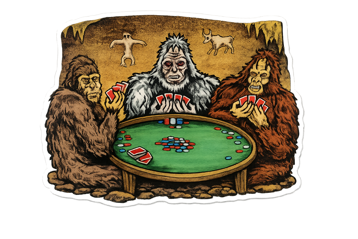 Sasquatch Playing Poker Sticker by John Urban