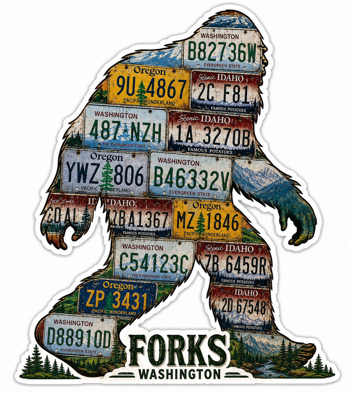 Sasquatch License Plate Silhouette Forks WA Sticker