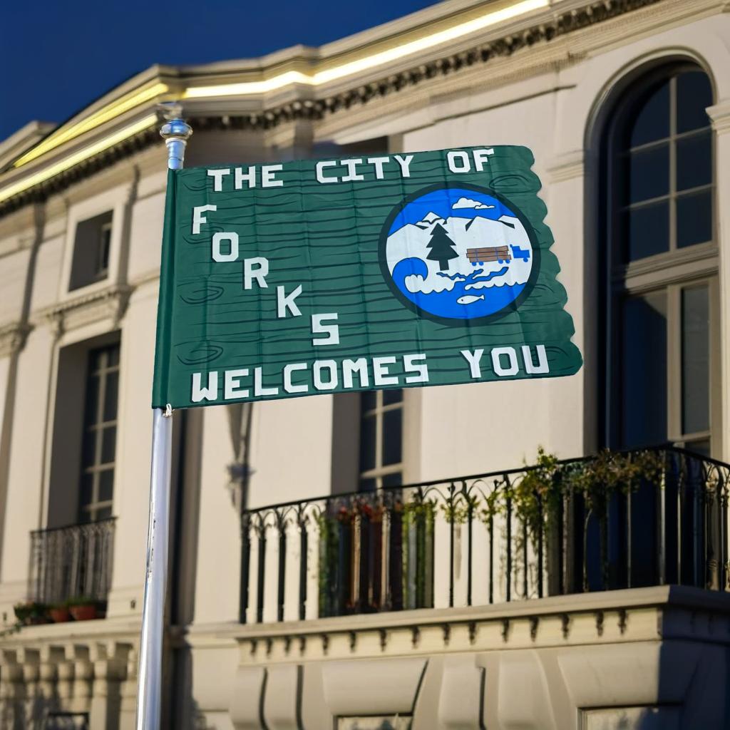 The City of Forks Welcomes You Sign Flag 3 foot x 5 foot