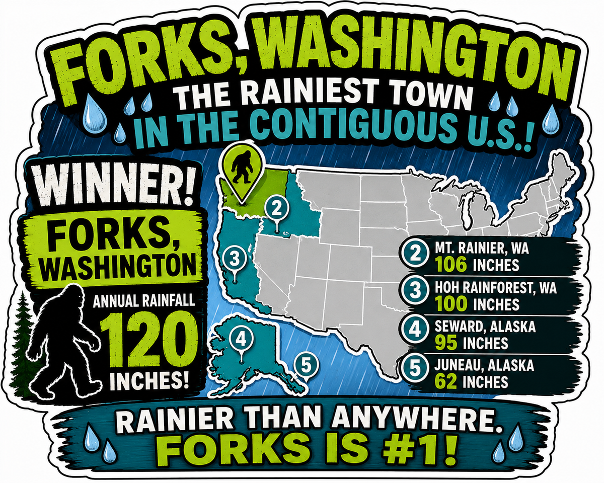 Rainiest Town in the USA Forks Washington Sticker