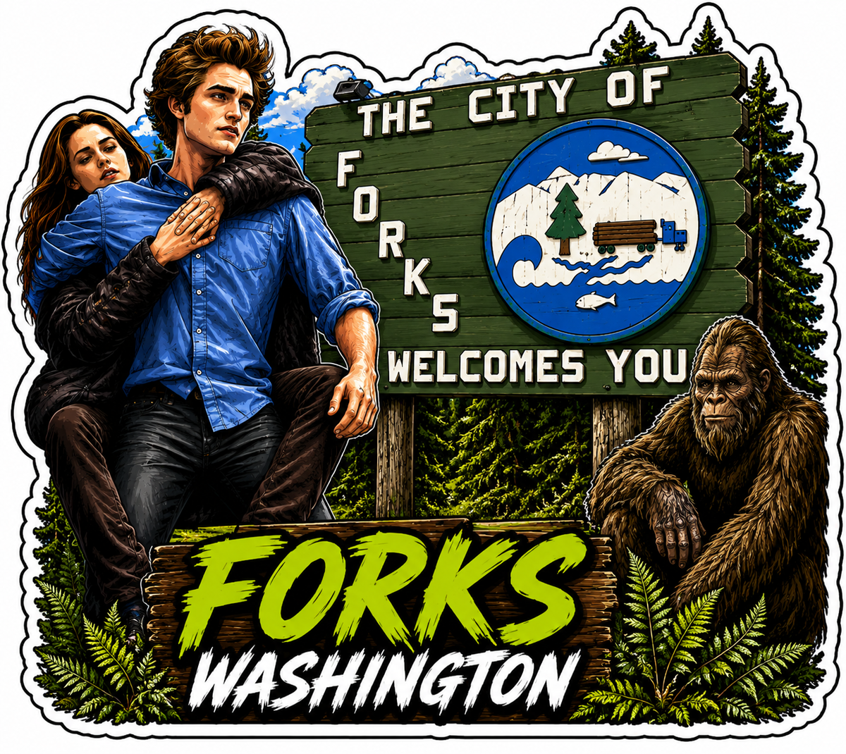 Bella, Edward and The Forks Welcome Sign Sticker
