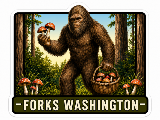 Sasquatch Picking Mushrooms in the Forest Sticker