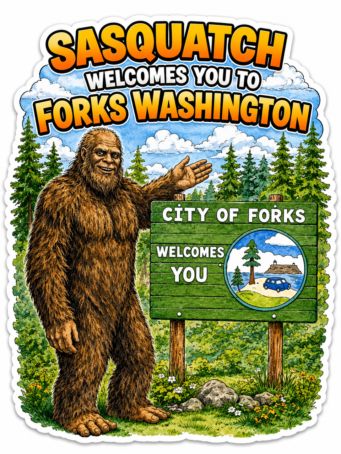 Sasquatch Welcomes you to the city of Forks Sticker