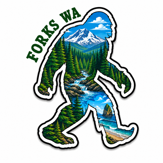 Sasquatch Silhouette Forest, River and Beach Scene Forks WA Sticker