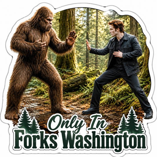 Sasquatch and Edward Cullen Only in Forks Washington Sticker
