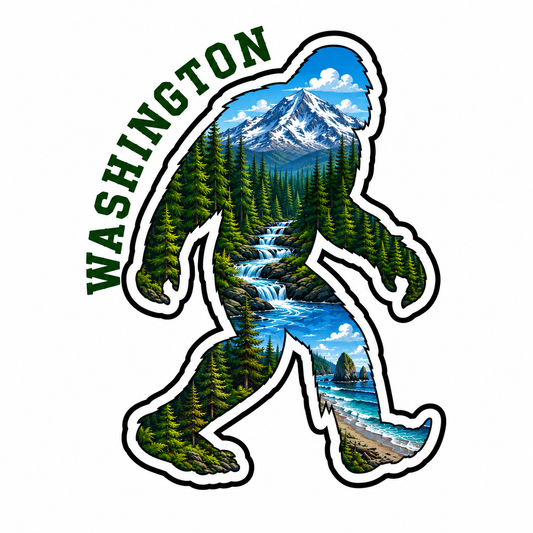 Sasquatch Silhouette with Washington Forest, Rivers and Beach Scene Sticker