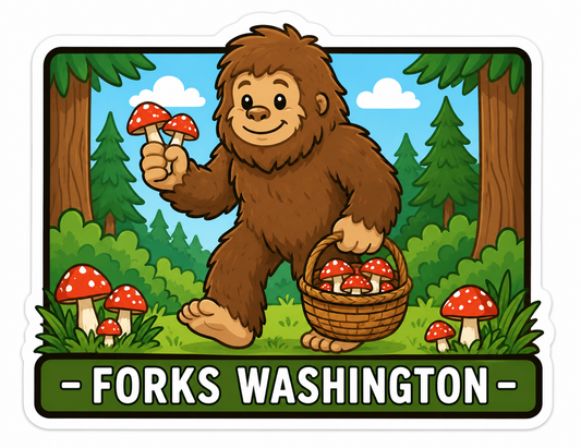 Baby Sasquatch Picking Mushrooms Sticker