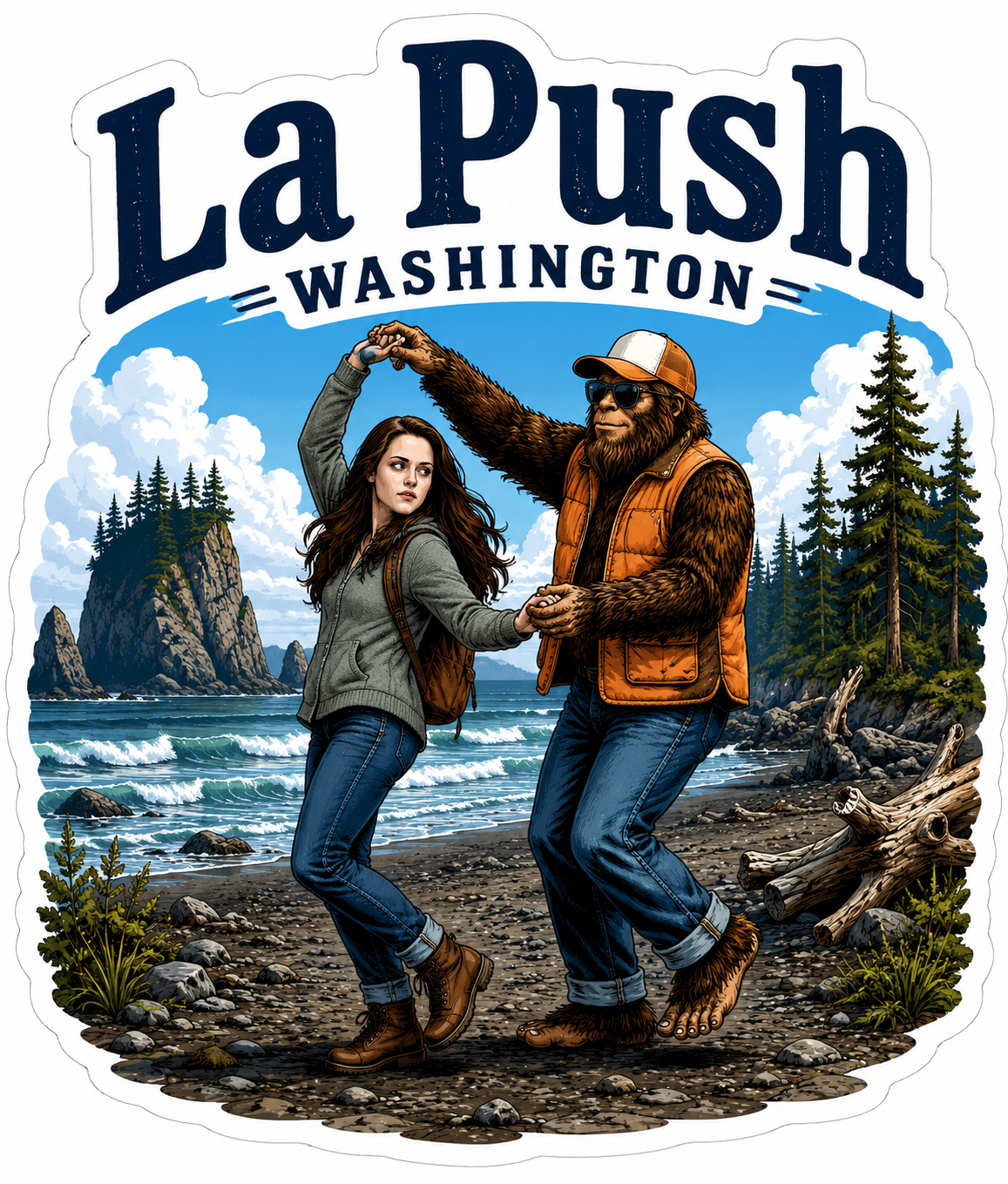 Bigfoot and Bella Dancing at La Push Beach Washington Sticker