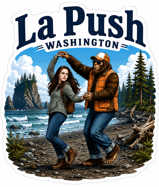 Bigfoot and Bella Dancing at La Push Beach Washington Sticker