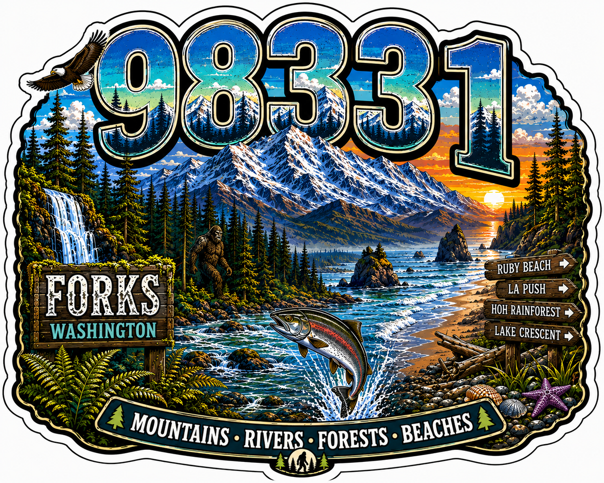 98331 Forks WA Mountains, Rivers, Forest, Beaches Sticker