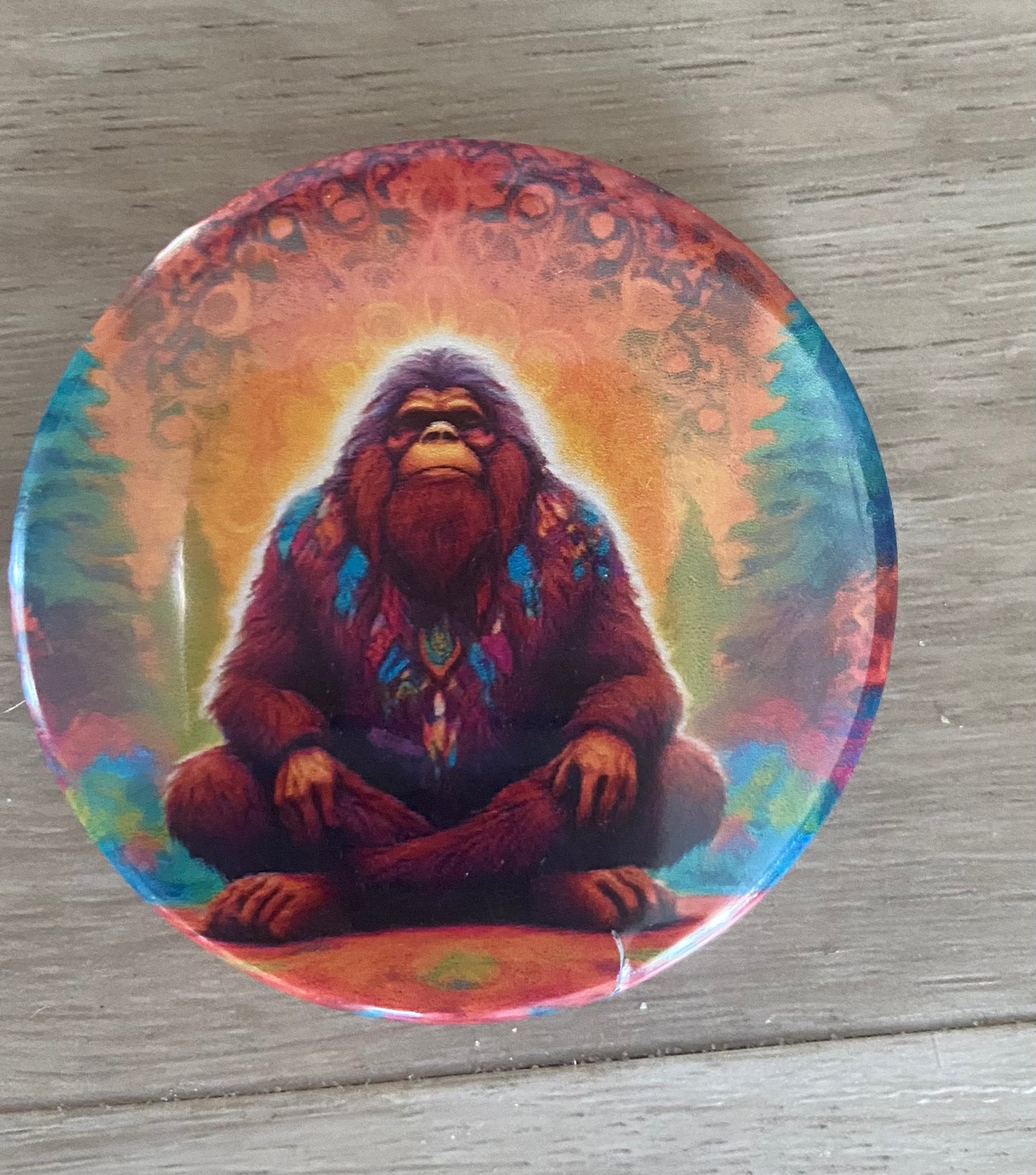 Meditating Bigfoot Button Pin Lapel Pin