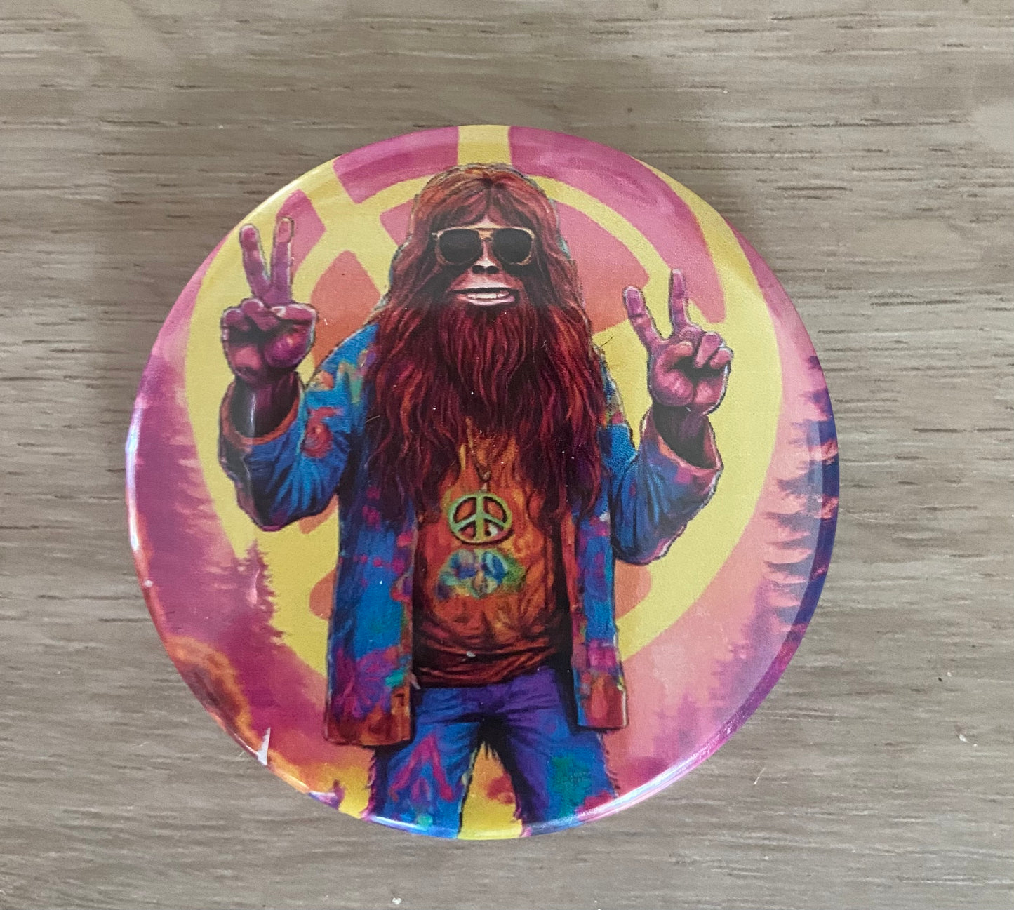 Hippie Bigfoot throwing the Peace Sign Button Pin