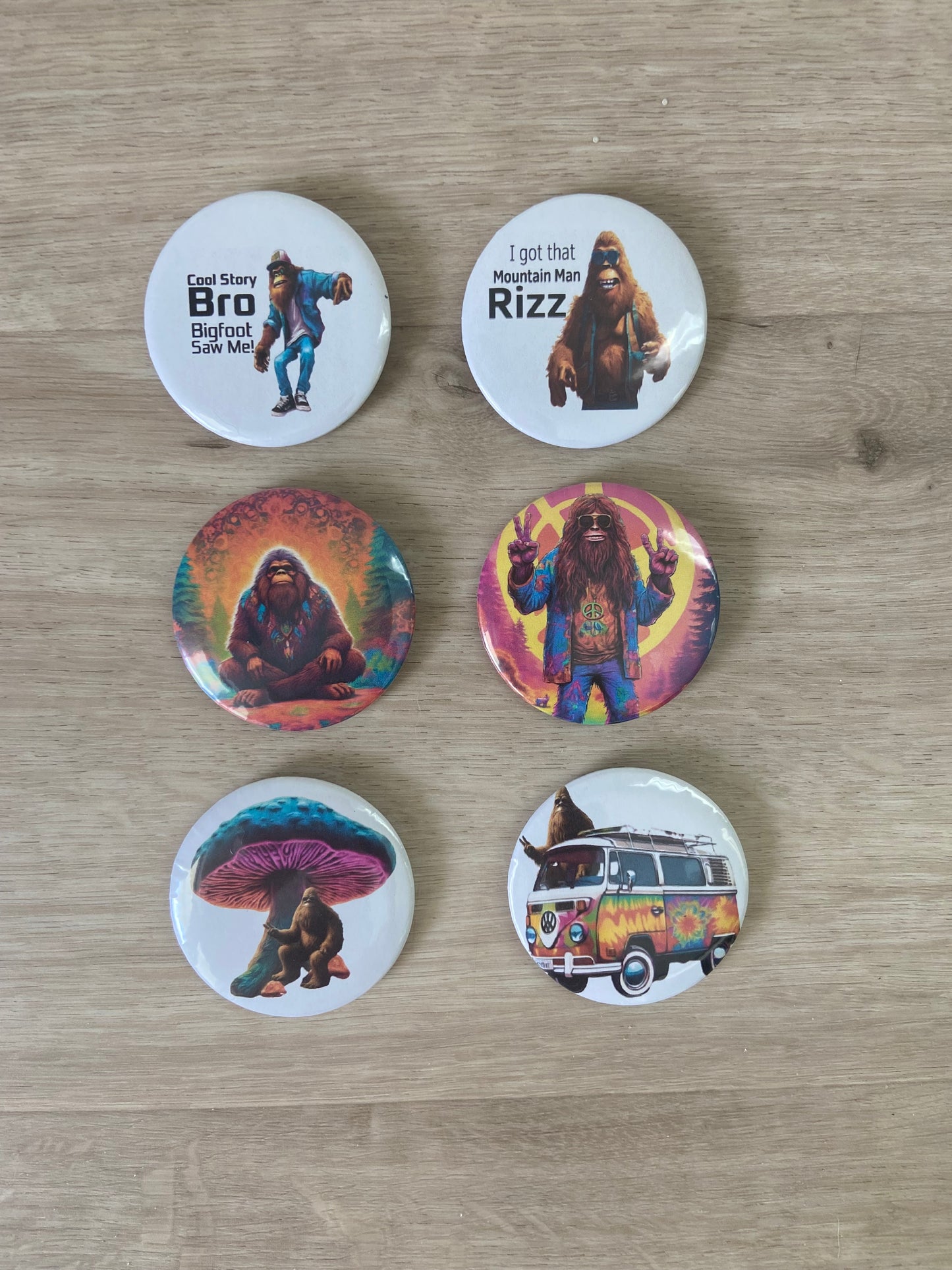 6-Pack of Trendy, Hippy, Gen Z Bigfoot Button Pins