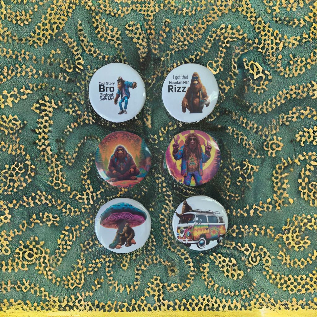 6-Pack of Trendy, Hippy, Gen Z Bigfoot Button Pins