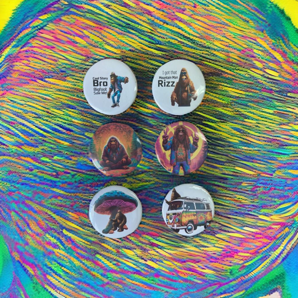 6-Pack of Trendy, Hippy, Gen Z Bigfoot Button Pins