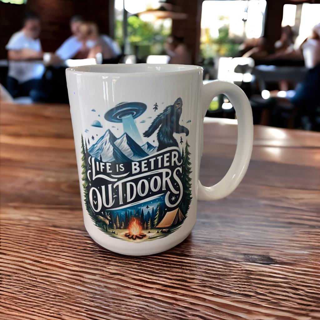 Life is Better Outdoors Bigfoot and Alien 15 oz Coffee Mug