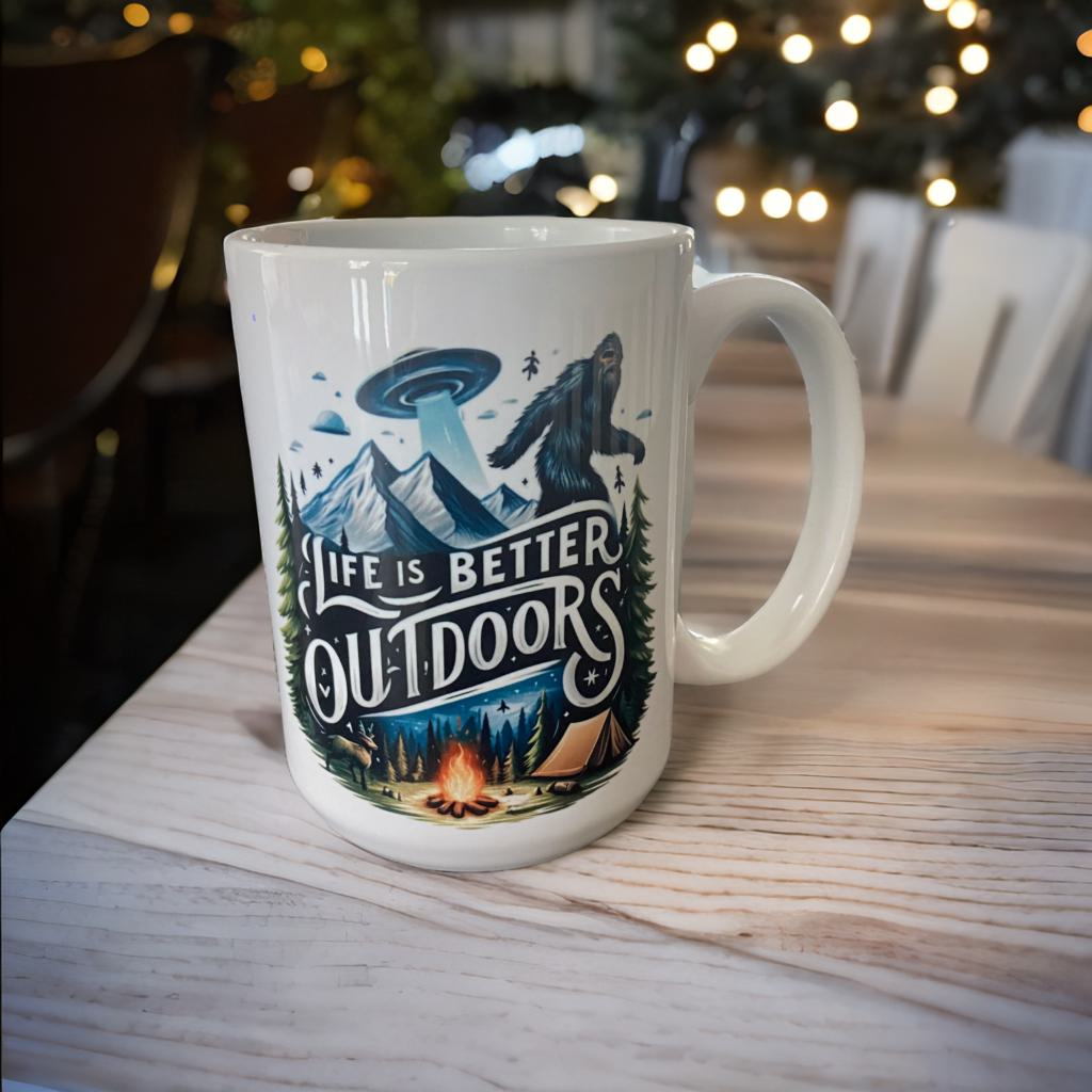 Life is Better Outdoors Bigfoot and Alien 15 oz Coffee Mug