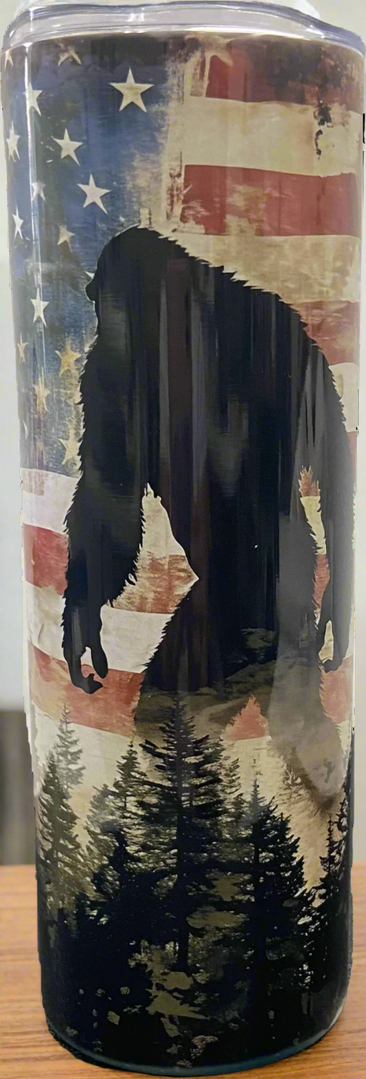 Sasquatch and the American Flag Tumbler Water Bottle