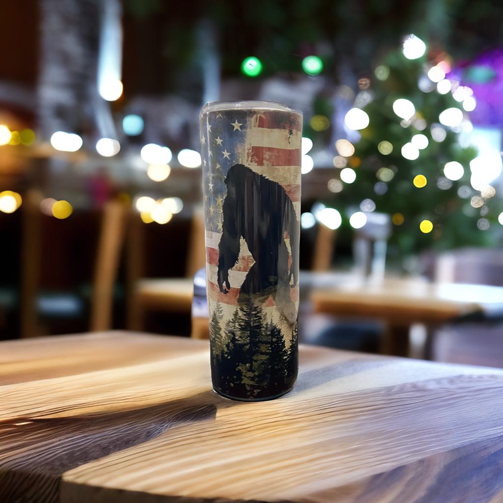 Sasquatch and the American Flag Tumbler Water Bottle