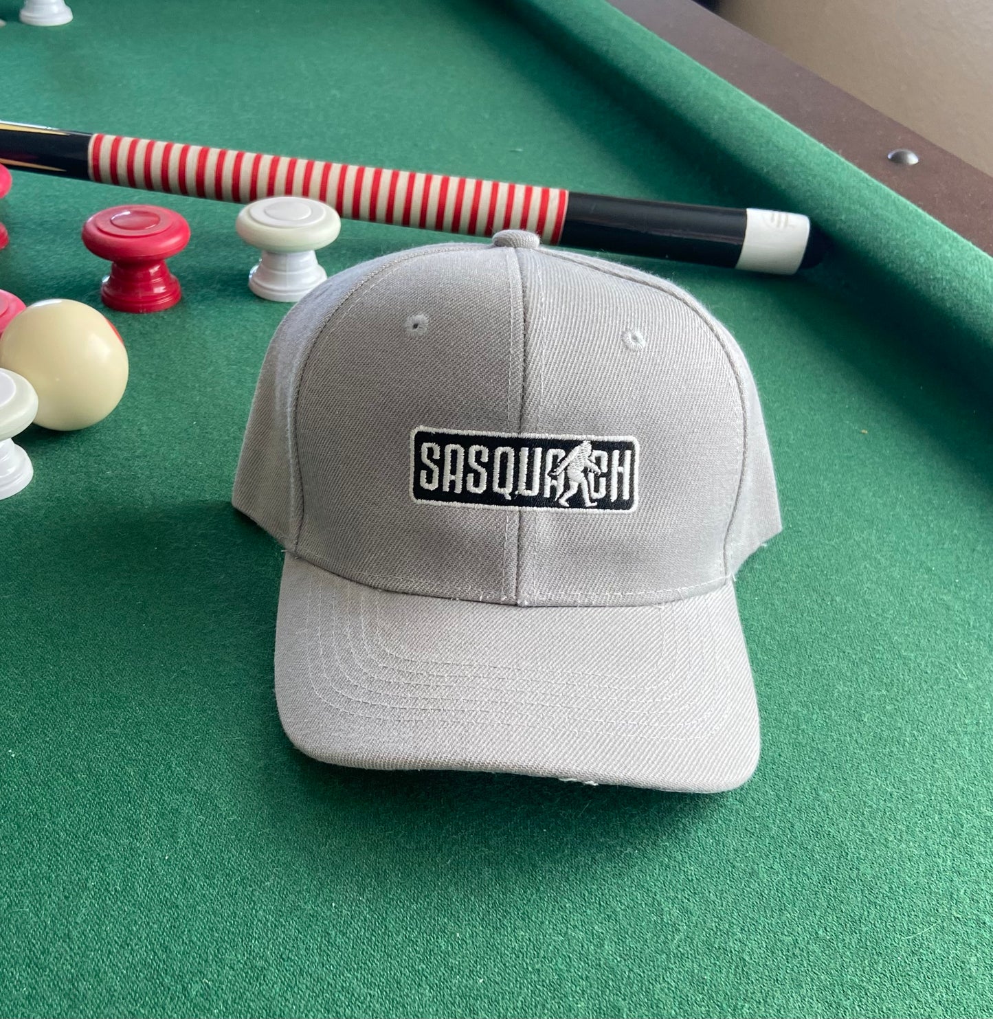 Sasquatch Embroidered Baseball Hat - Gray hat with black and white design