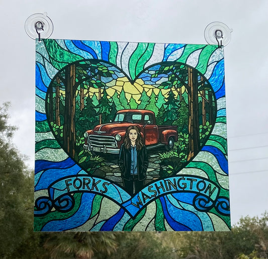 Bella with her Red Truck Stained Glass Print Suncatcher