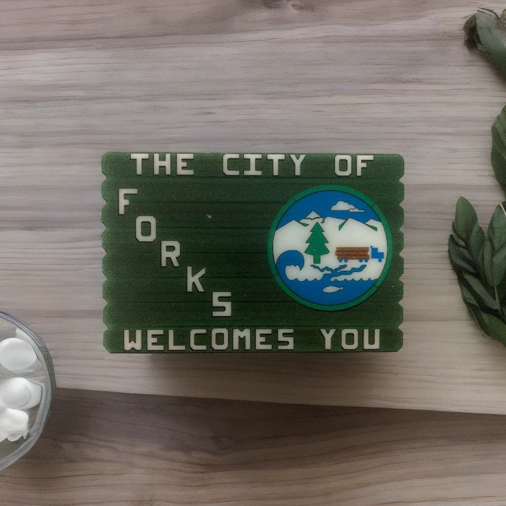 The City of Forks Welcomes You Ornament, Magnet, Lapel - Made in the USA