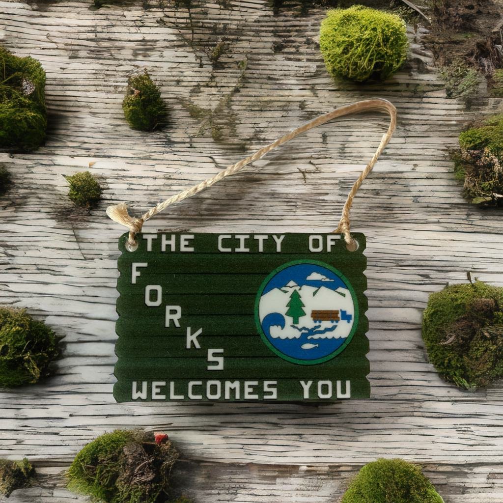 The City of Forks Welcomes You Ornament, Magnet, Lapel - Made in the USA