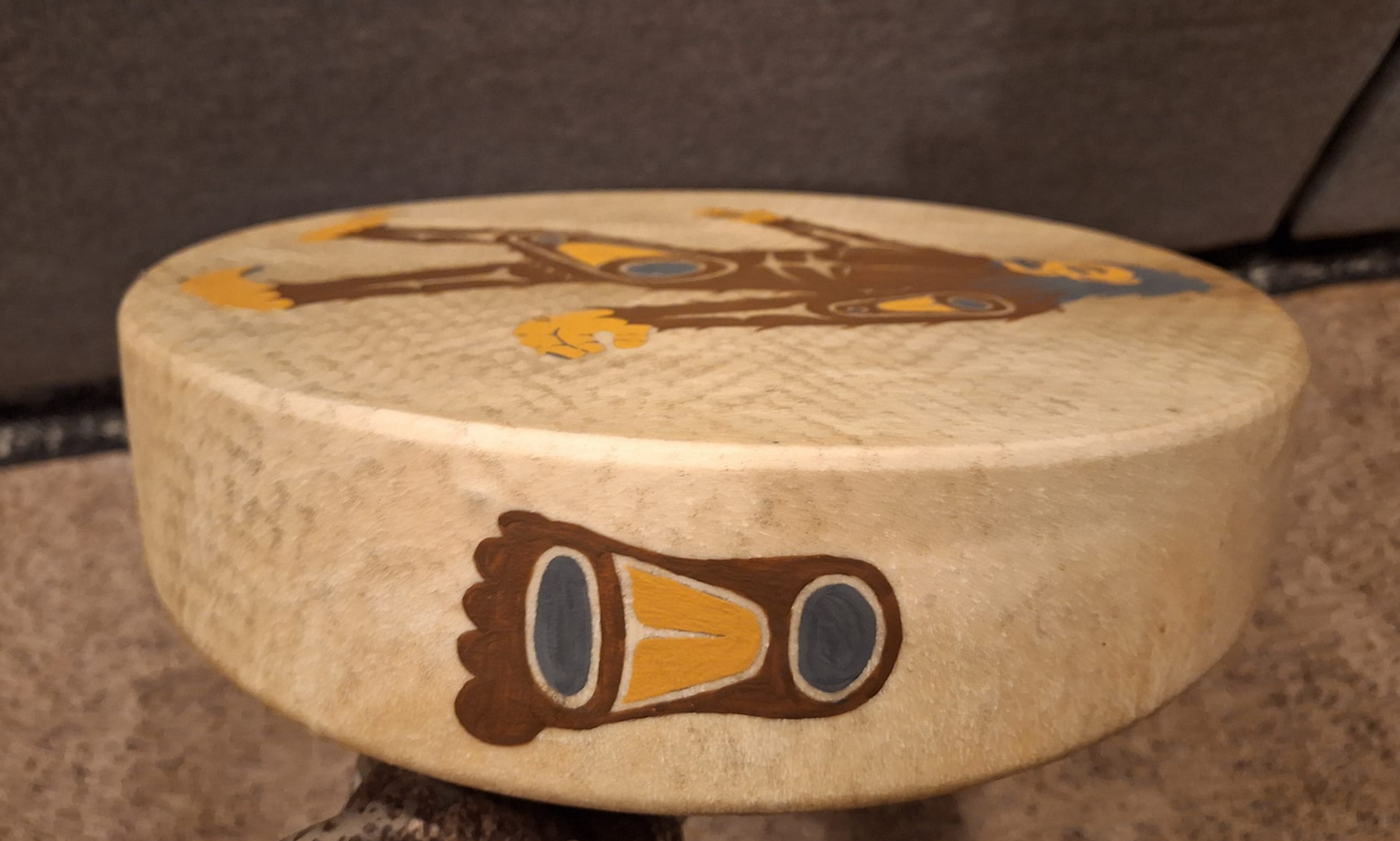 Hand Painted Deer Hide Drum by Thomas Sewid