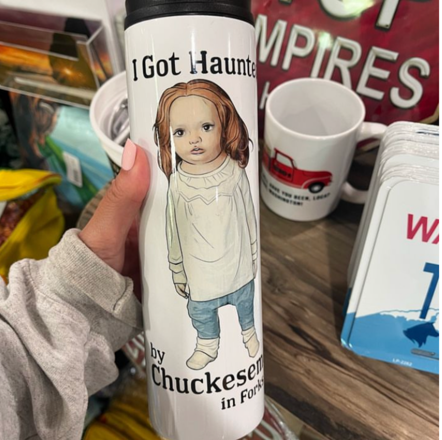 Chuckesmee " I got Haunted by Chuckesmee in Forks WA "  Tumbler Water Bottle Canteen