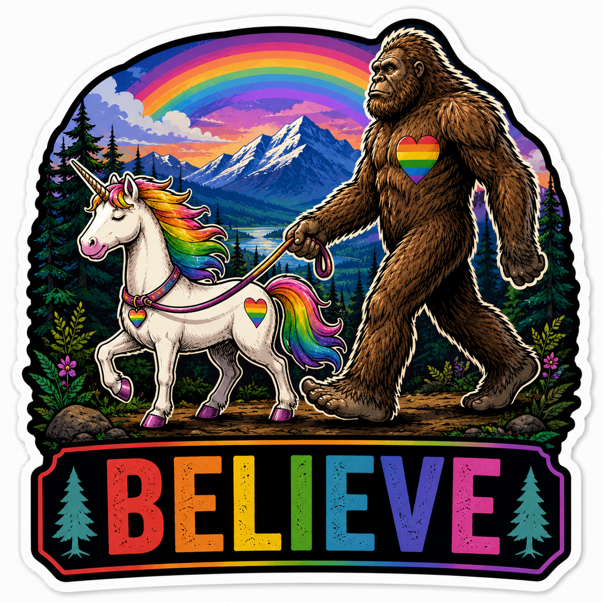 Believe Sasquatch walking a Unicorn Sticker
