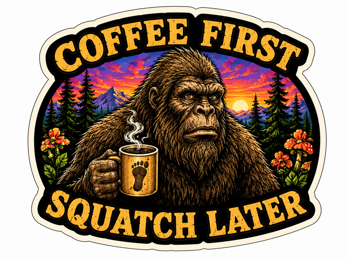 Coffee First Sasquatch Later Sticker