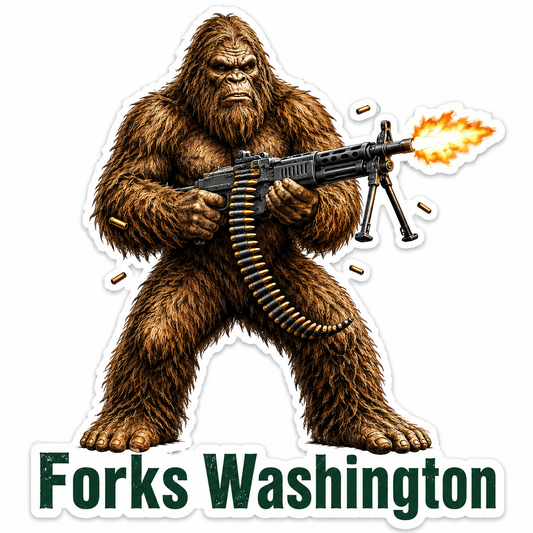 Bigfoot with a Machine Gun Forks Washington Sticker