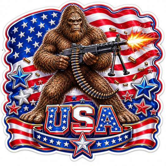 Sasquatch Bigfoot with a Machine Gun Sticker