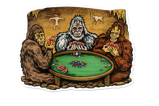 Sasquatch Playing Poker Sticker by John Urban
