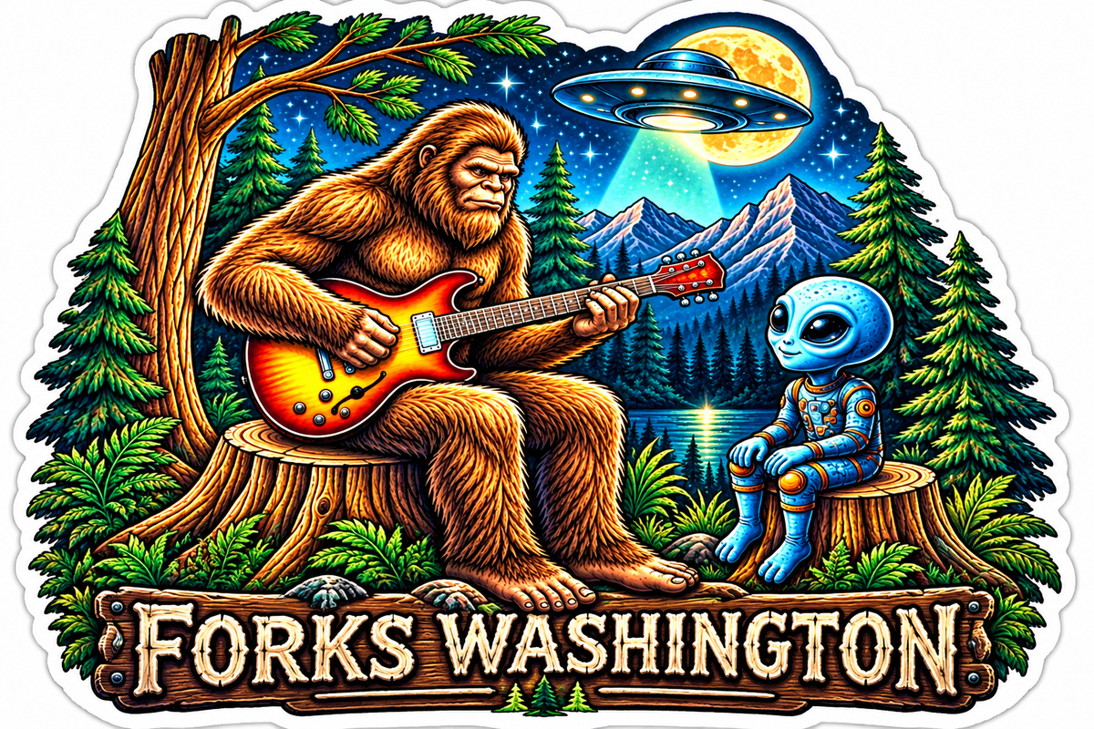 Sasquatch Playing Guitar with Alien Forks WA Sticker