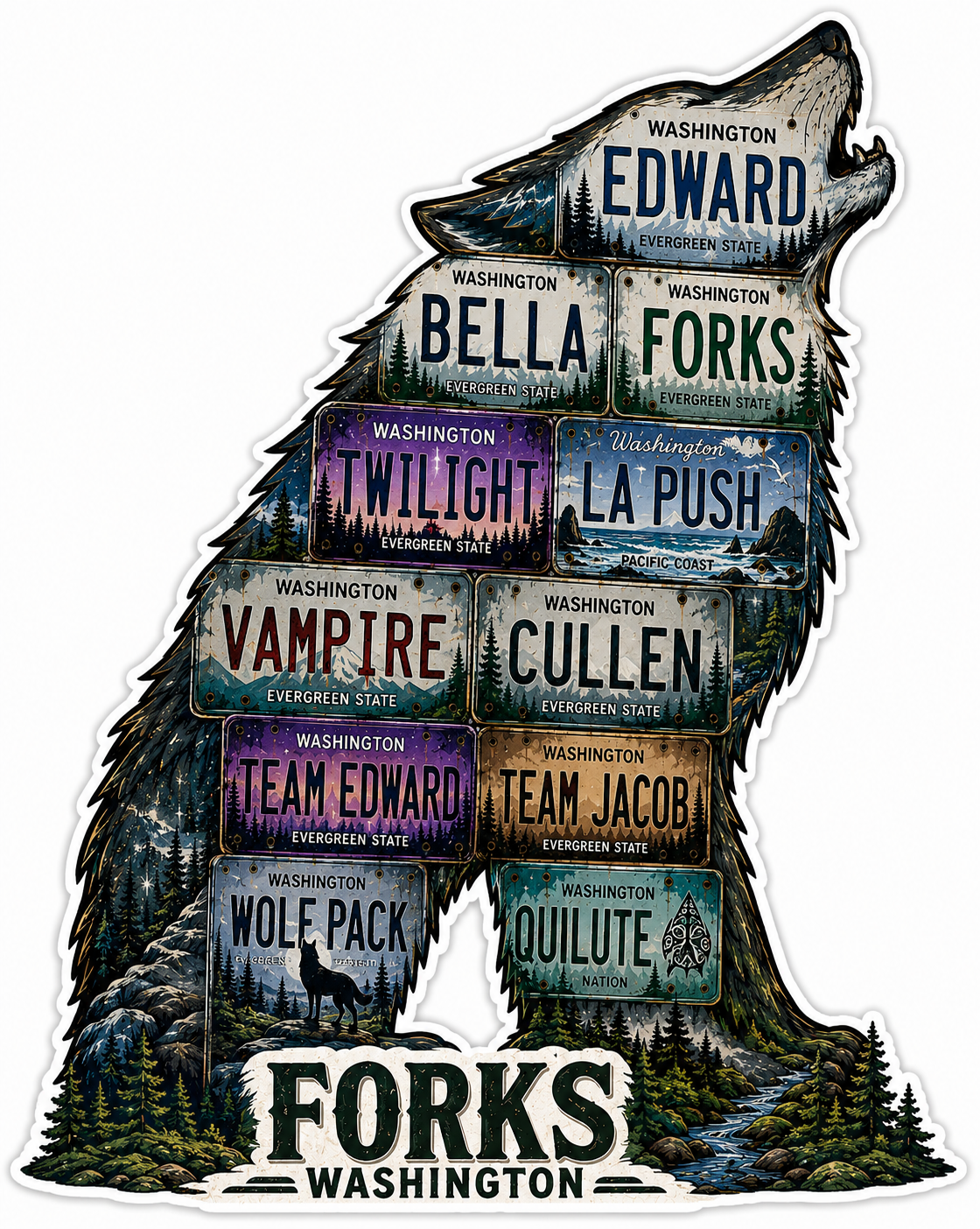 Wolf Silhouette Twilight Forks WA Sticker