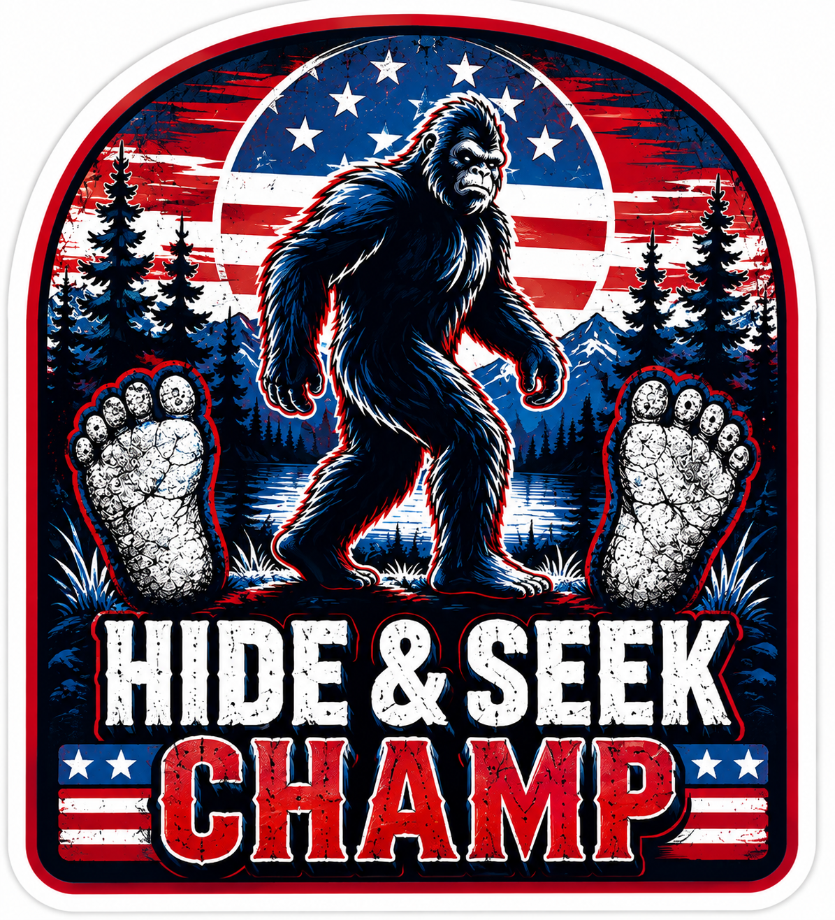 Sasquatch Hide & Seek Champ Red White & Blue Sticker