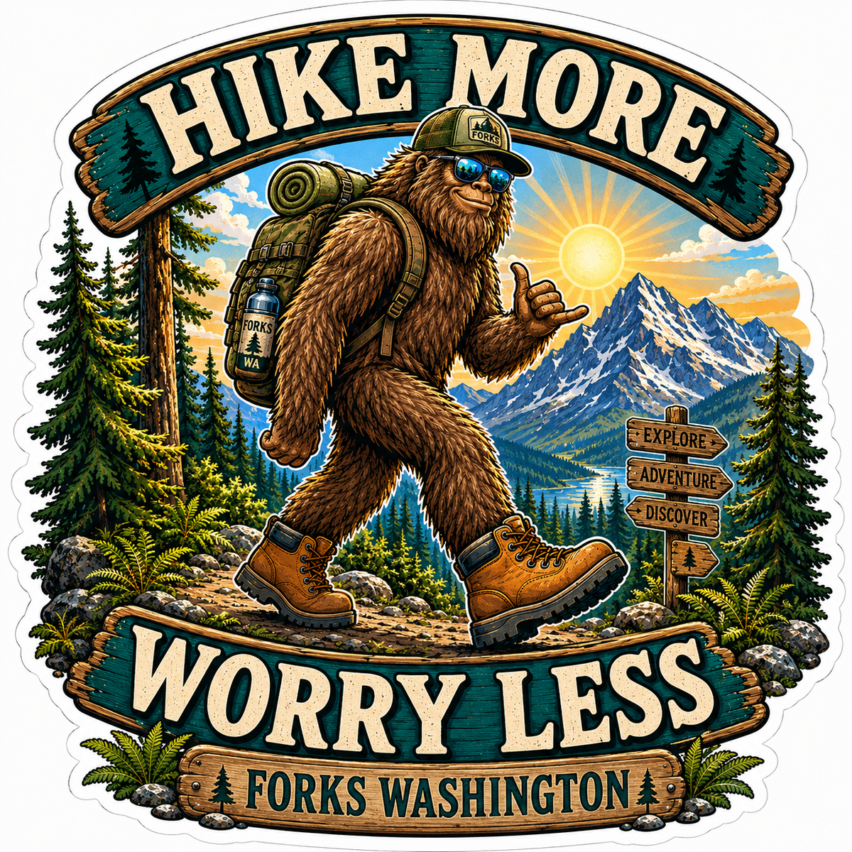 Hike More, Worry Less Sasquatch Forks WA Sticker