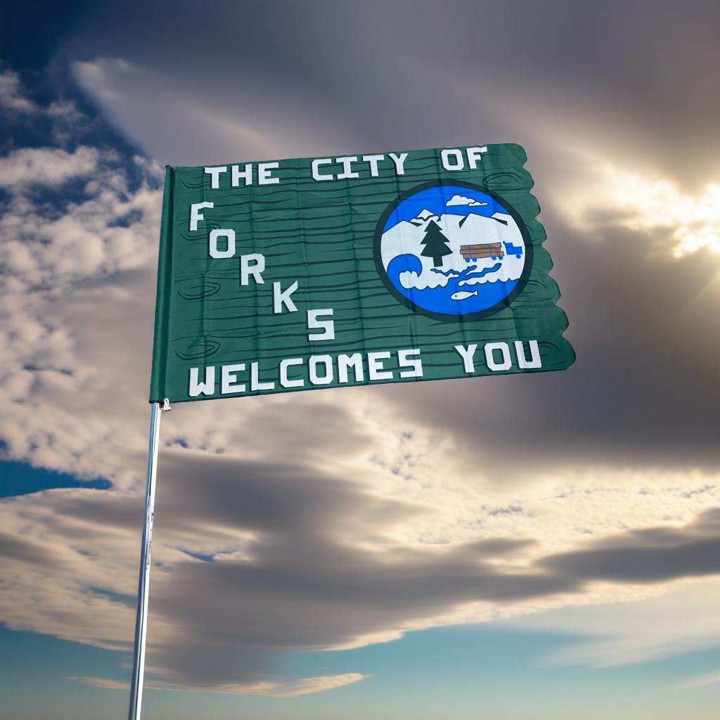 The City of Forks Welcomes You Sign Flag 3 foot x 5 foot