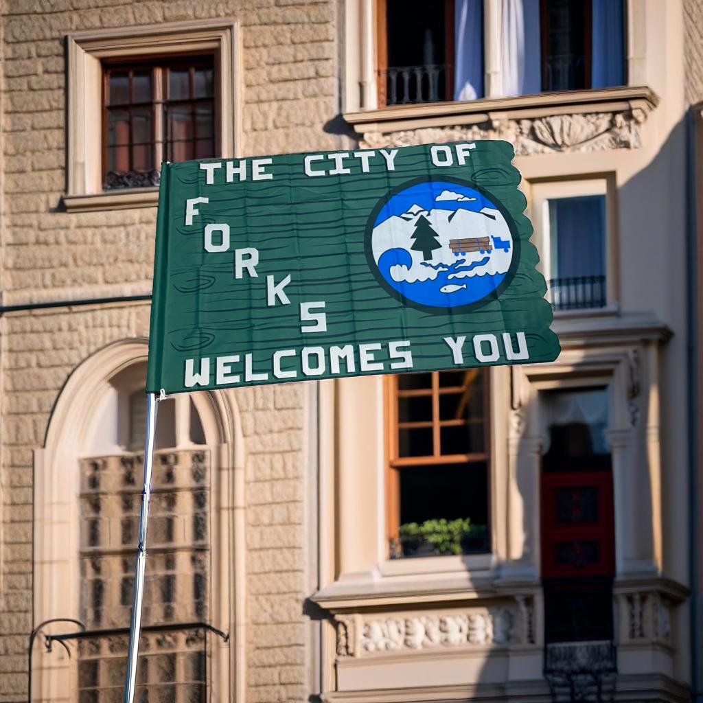 The City of Forks Welcomes You Sign Flag 3 foot x 5 foot