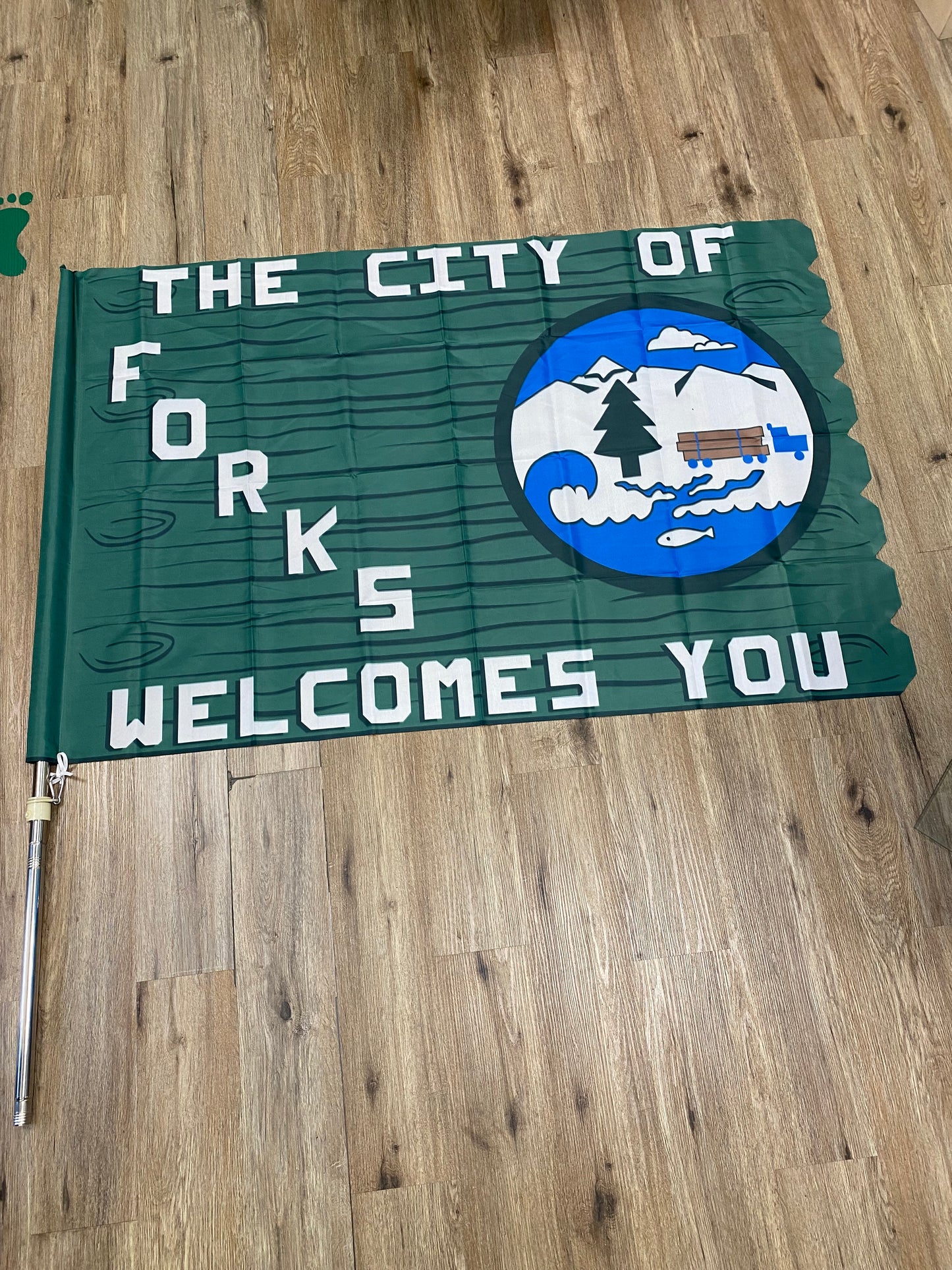 The City of Forks Welcomes You Sign Flag 3 foot x 5 foot