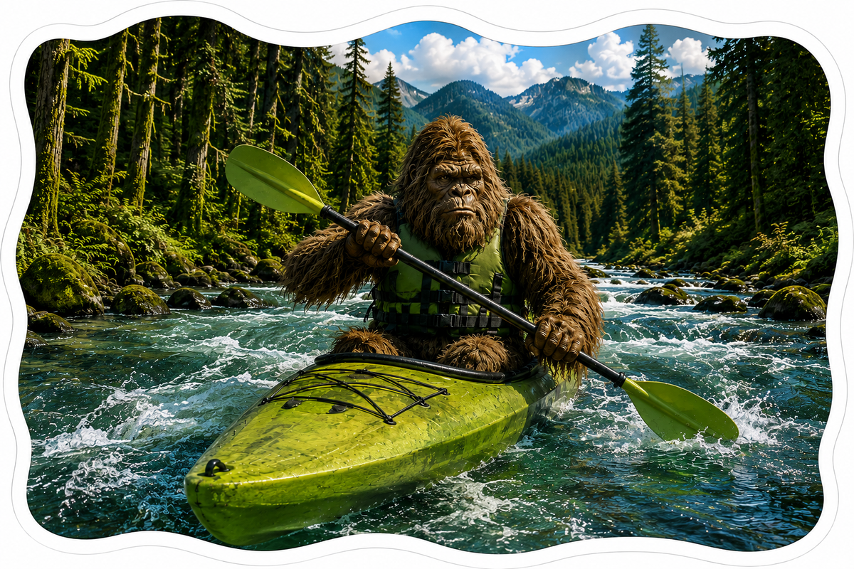 Kayaking Sasquatch Sticker