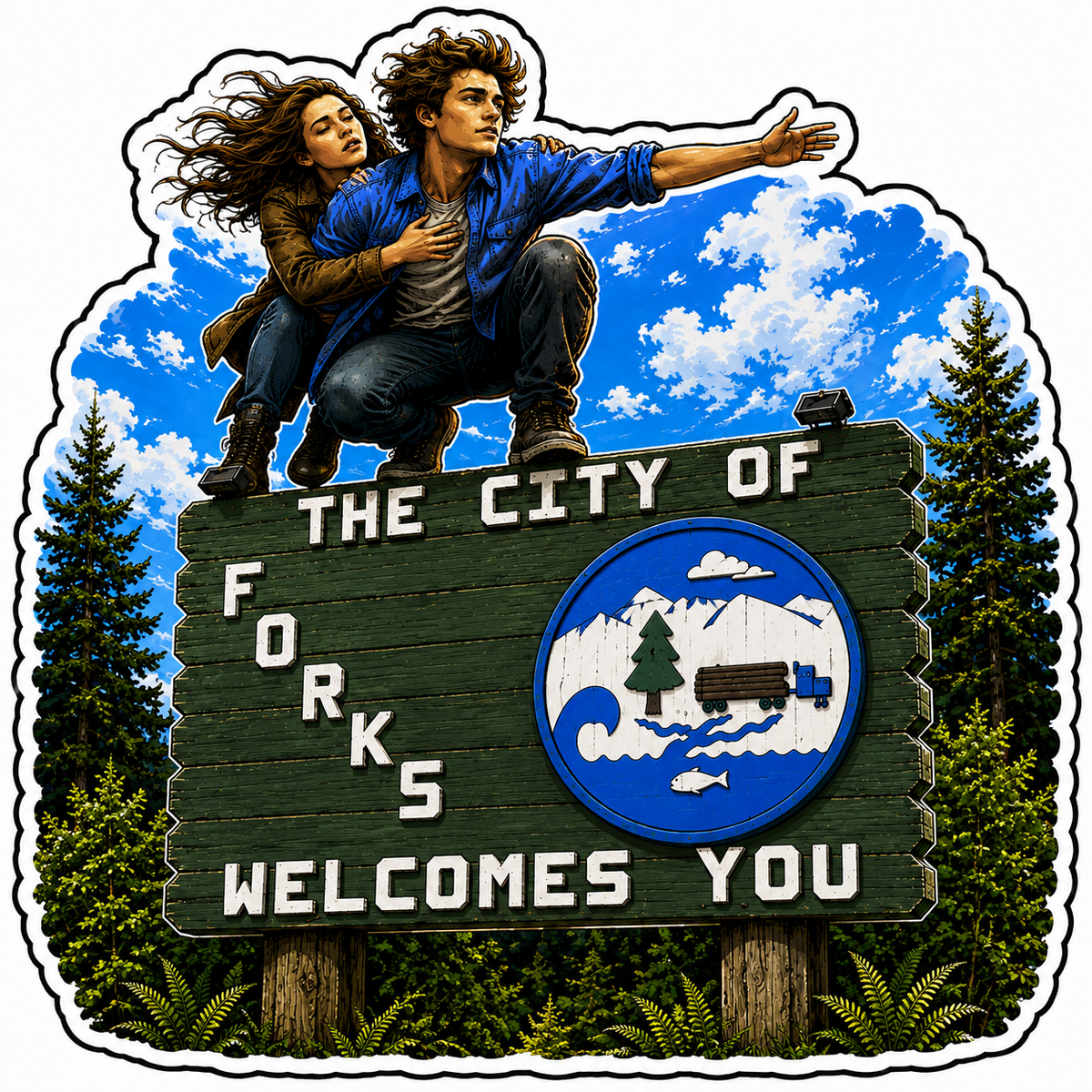 Bella, Edward and The Forks Welcome Sign Sticker