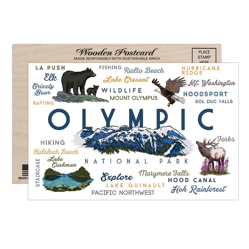 Olympic National Park WA,  Mountain Range Typography & Icons Postcard - Sasquatch The Legend